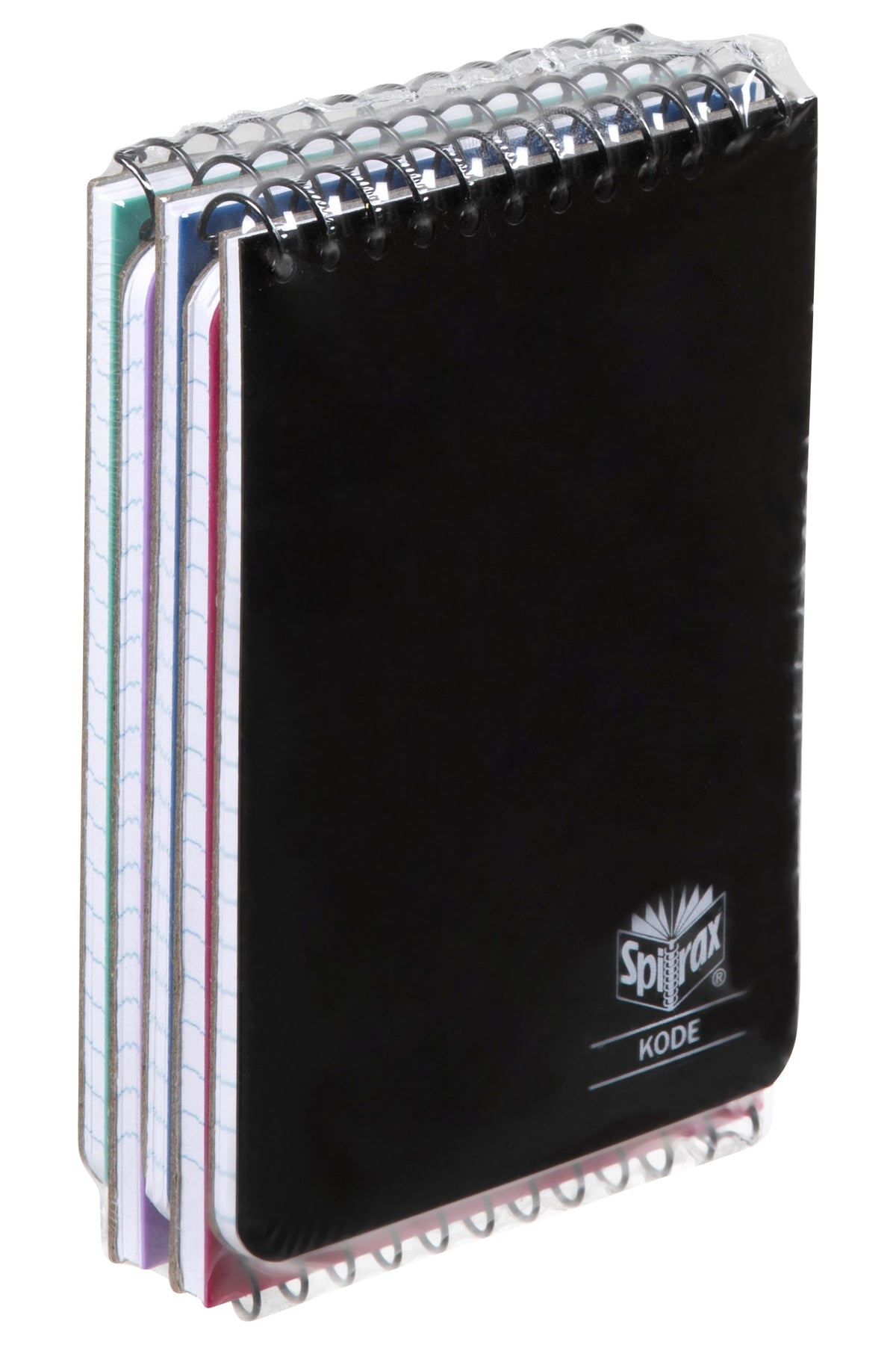 Five Spirax Kode P955 pocket notebooks shrink wrapped together as a pack, a black cover at the front with other cover colours visible behind it