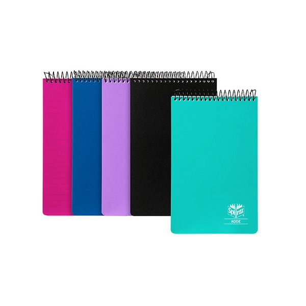 Five Spirax Kode P956 reporter notebooks with top wire binding in pink, blue, lilac, black and teal, the teal cover showing the Spirax Kode logo