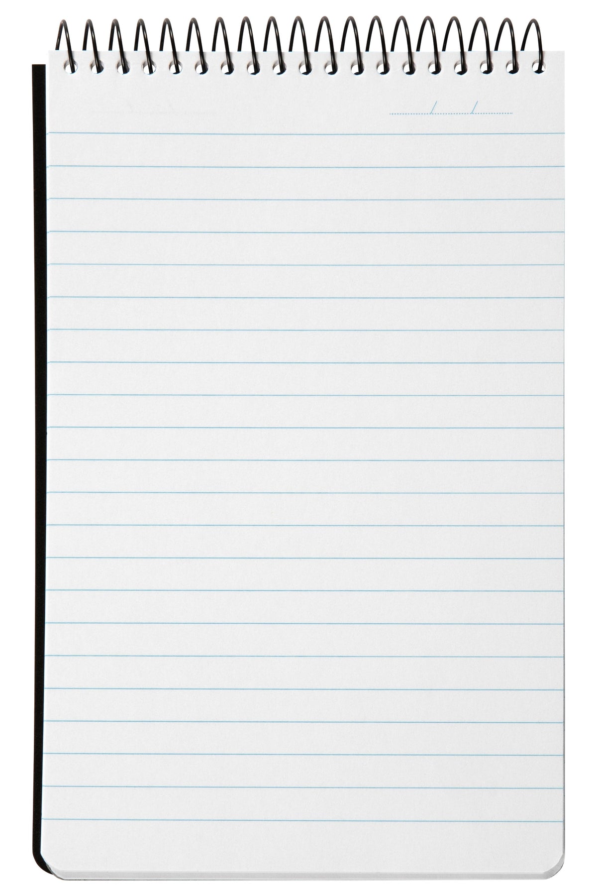 Spirax Kode P956 reporter notebook open from the top, showing a ruled page with no margin, a date line at the top right and black wire across the top edge