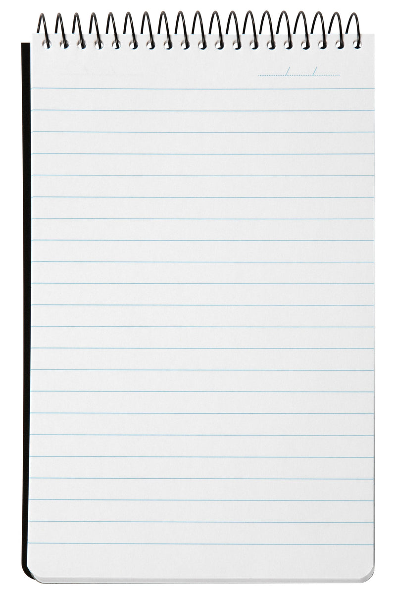 Spirax Kode P956 reporter notebook open from the top, showing a ruled page with no margin, a date line at the top right and black wire across the top edge