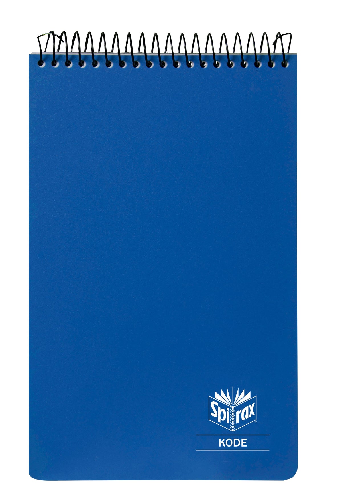 Blue Spirax Kode P956 reporter notebook, a tall top opening book with black spiral wire and a white Spirax Kode logo near the base