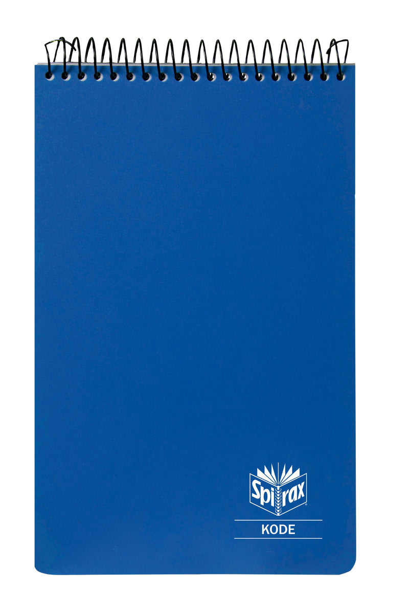 Blue Spirax Kode P956 reporter notebook, a tall top opening book with black spiral wire and a white Spirax Kode logo near the base
