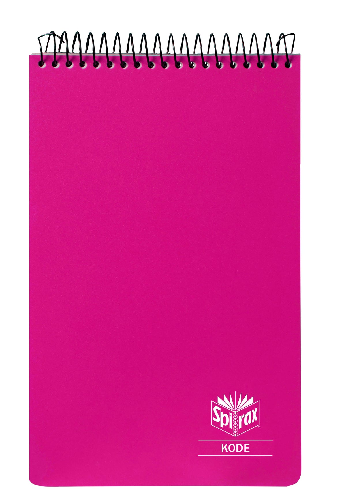 Magenta Spirax Kode P956 reporter notebook seen from the front, black wire along the top edge and a small white Spirax Kode logo