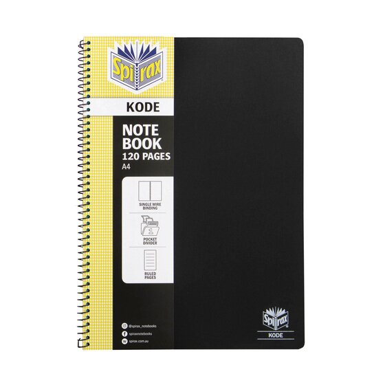 Black Spirax Kode A4 notebook with wire binding and a yellow Spirax cover panel showing single wire binding, pocket divider and ruled pages icons