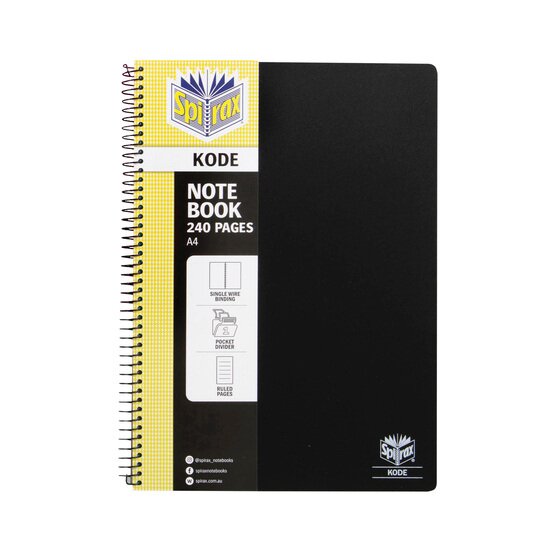 Black Spirax Kode A4 note book with a yellow check band listing single wire binding, a pocket divider and ruled pages, wire down the left edge