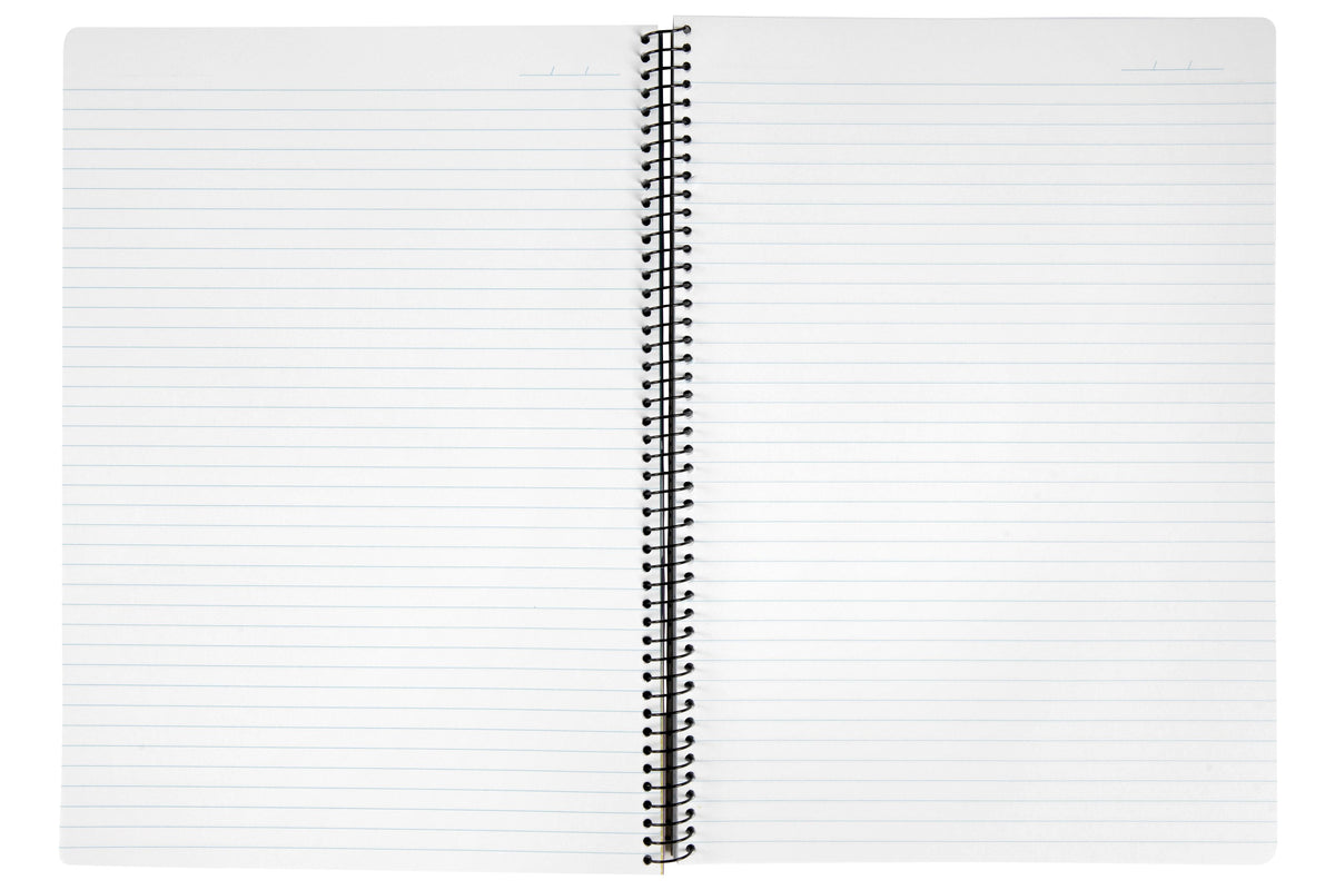 Spirax Kode P959 A4 notebook open flat across its black wire, both pages ruled in pale blue with no margin and a date line at the top