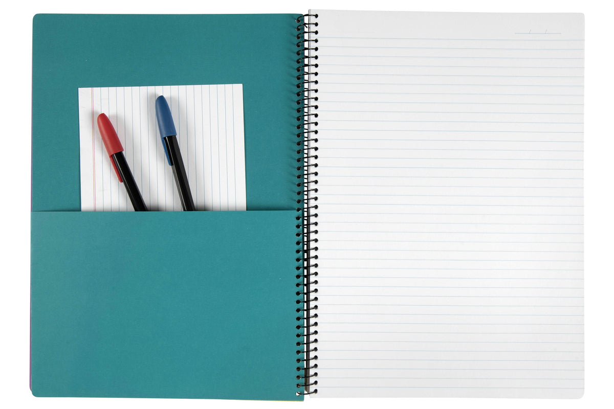 Open Spirax Kode A4 notebook showing a teal pocket divider holding a ruled card and two pens, with a ruled page on the right