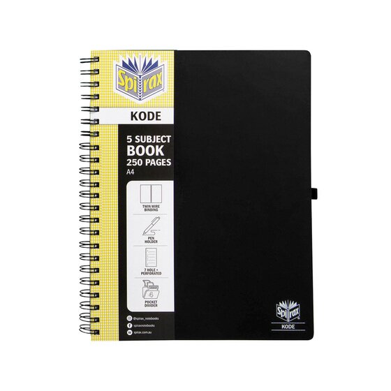 Black Spirax Kode A4 5 subject book 250 pages with a yellow Spirax panel and a column of feature icons including a pen holder and 4 pocket divider