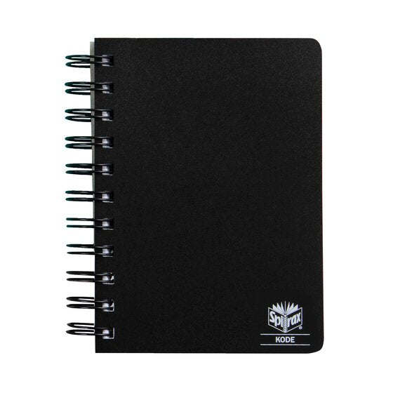 Black Spirax Kode P962 notebook with black wire binding down the left edge and the Spirax Kode logo in the lower right corner of the cover