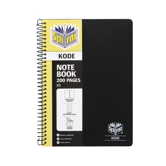 Black Spirax Kode A5 notebook with a yellow Spirax panel showing single wire binding, ruled and perforated pages and pocket divider icons