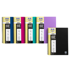 Five Spirax Kode A4 lecture books with a yellow Spirax spine panel and navy, magenta, teal, purple and black covers, marked 140 pages