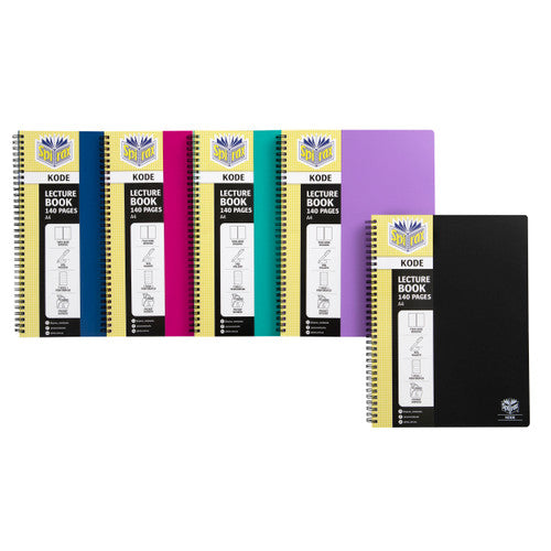 Five Spirax Kode A4 lecture books with a yellow Spirax spine panel and navy, magenta, teal, purple and black covers, marked 140 pages