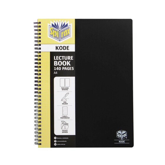 Black Spirax Kode A4 lecture book 140 pages with the yellow cover panel showing icons for pen holder, 7 hole plus perforated and pocket divider