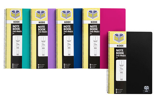 Spirax Kode A4 polypropylene notebook with twin wire binding, shown in assorted colours with elastic pen loop and 240 ruled pages