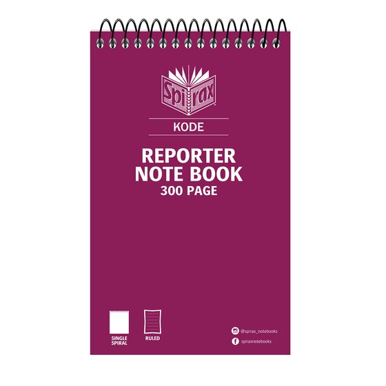 Spirax Kode reporter note book 300 page with a magenta cover, Spirax logo and black spiral wire along the top edge