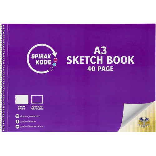 Spirax Kode A3 sketchbook with purple cover, black spiral binding, 40 plain perforated pages, box of 10