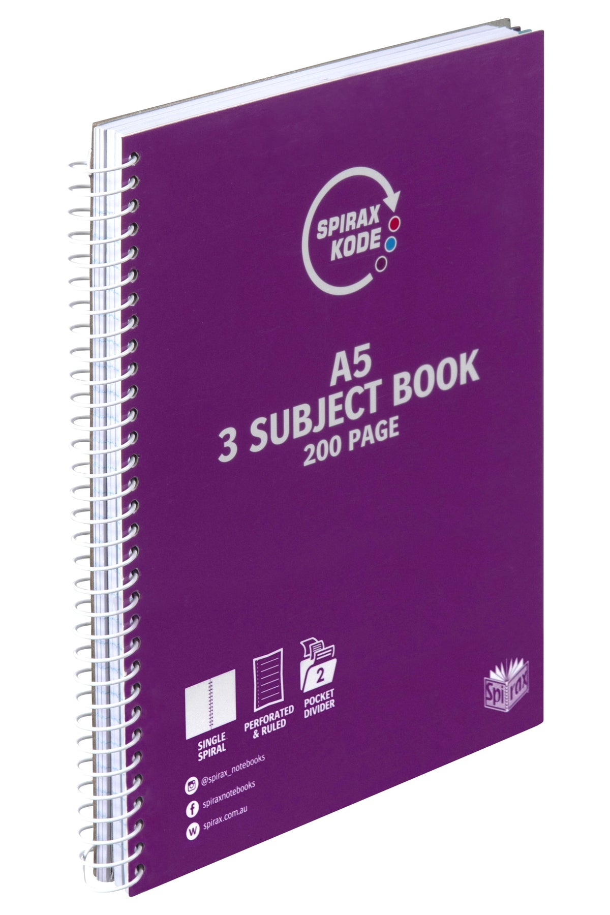 Purple Spirax Kode A5 3 subject book printed 200 page, with the circular Spirax Kode logo and wire binding down the left side