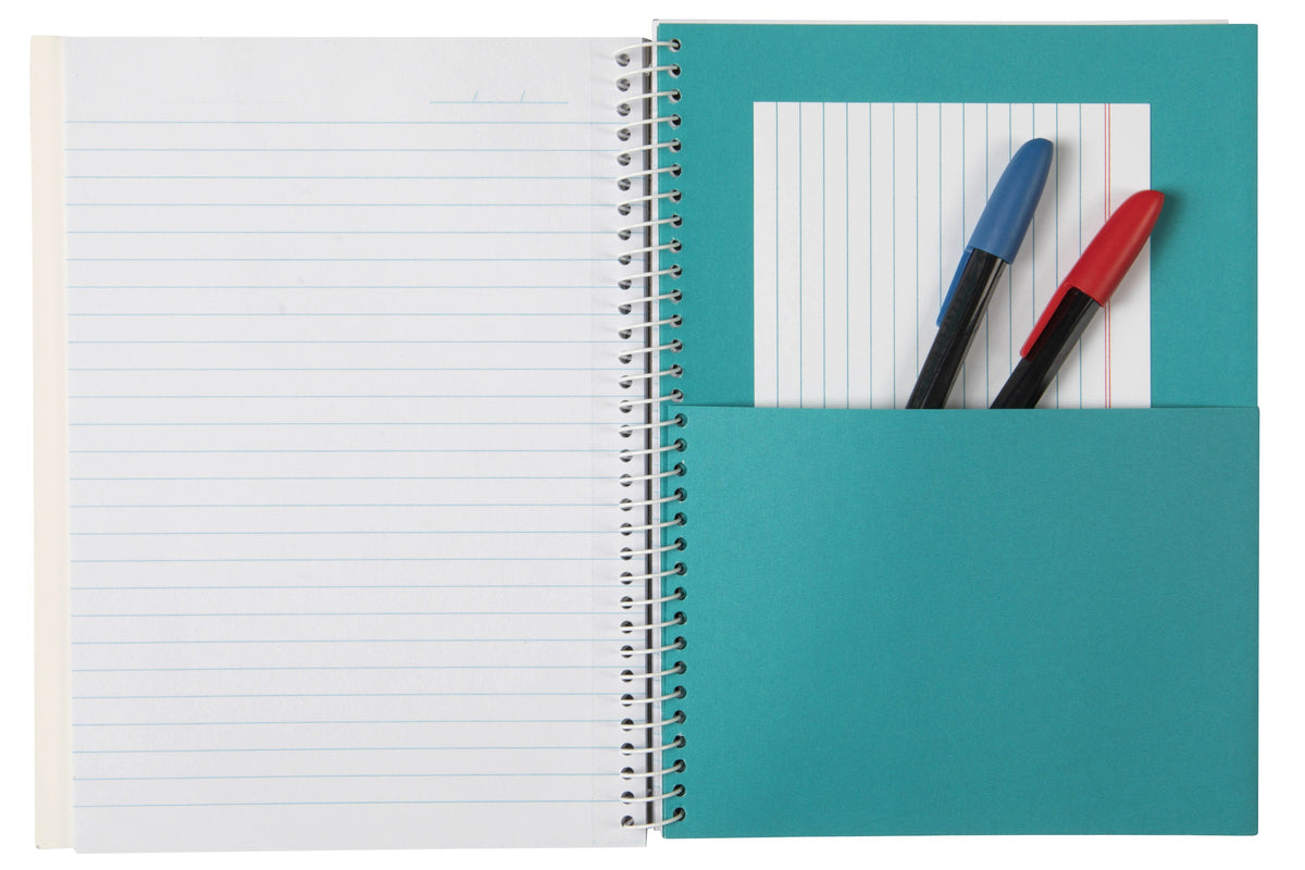 Spirax Kode A5 3 subject book open to show a ruled page on the left and a teal pocket divider holding a ruled card and two pens