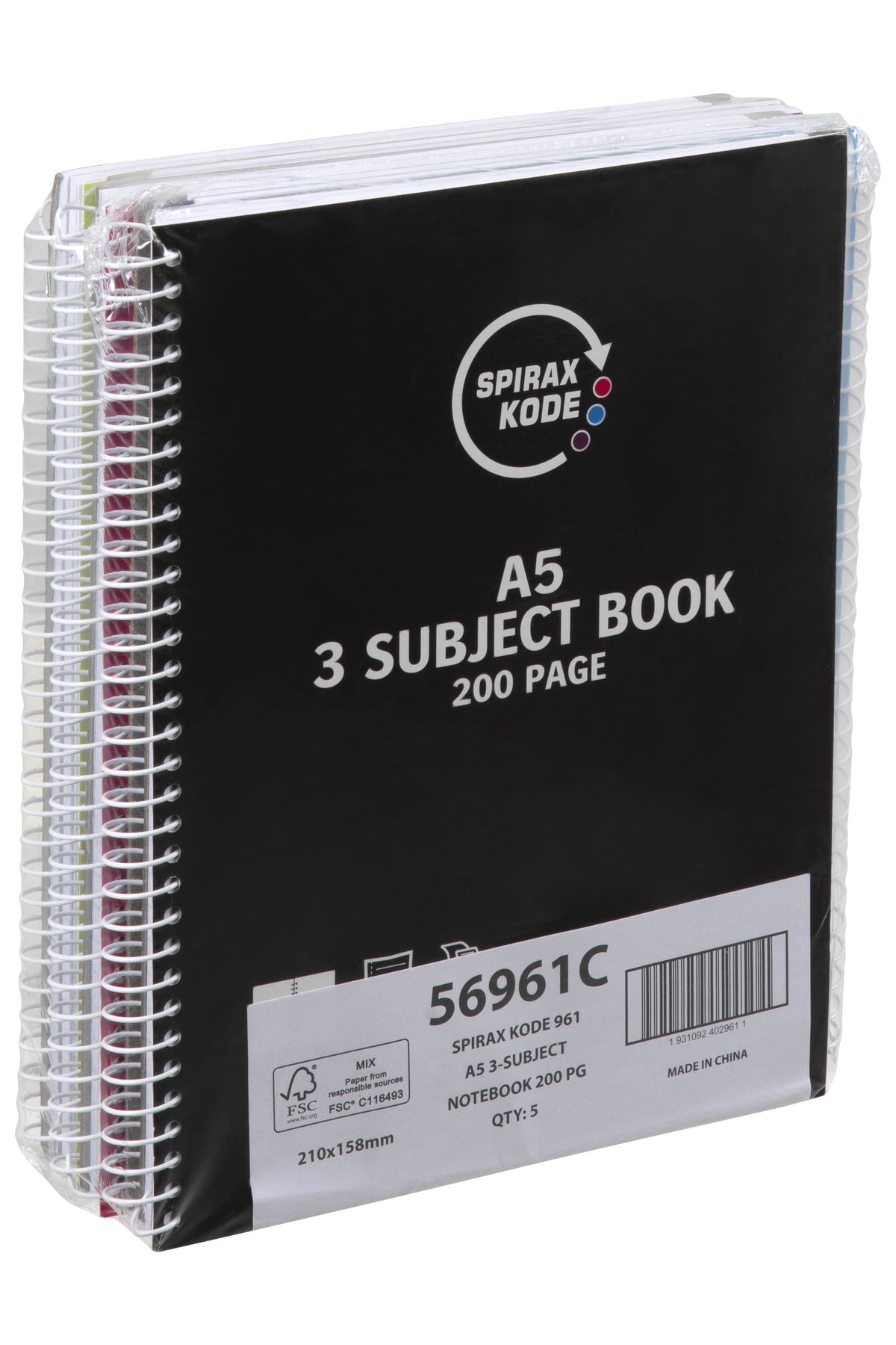 Five Spirax Kode A5 3 subject books wrapped together with a label reading 56961C and Qty 5, a black cover at the front