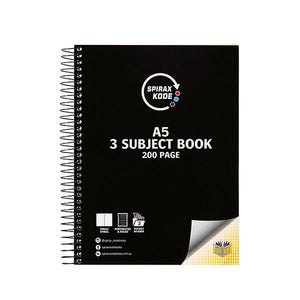 Spirax Kode 961 A5 spiral notebook with black twin wire binding, 200 ruled pages and pocket dividers, shown as a box of 5