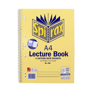 Current Spirax No. 598 A4 lecture book cover with pocket icon, 140 pages 7mm ruled, white side spiral and punched holes
