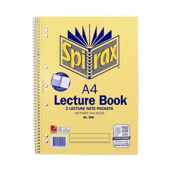Current Spirax No. 598 A4 lecture book cover with pocket icon, 140 pages 7mm ruled, white side spiral and punched holes