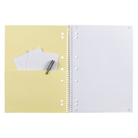 Spirax 598 lecture book open to a yellow card pocket divider holding ruled index cards and a pen, with a ruled page opposite