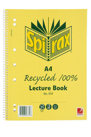 Current Spirax No. 814 A4 lecture book with a yellow hounds tooth cover printed Recycled 100%, punched holes and a white spiral down the left edge
