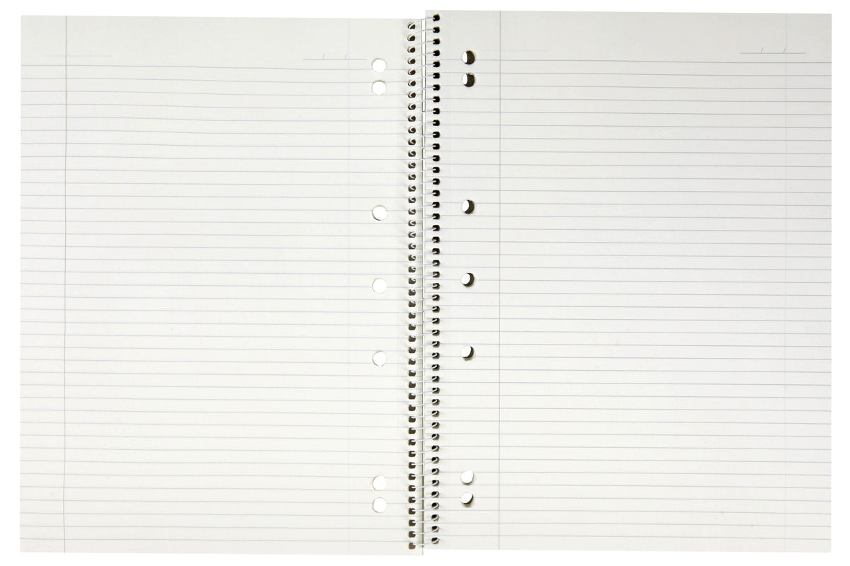 Spirax 814 A4 lecture book opened flat to ruled pages with a margin line and a date line, holes punched on both sides of the spiral