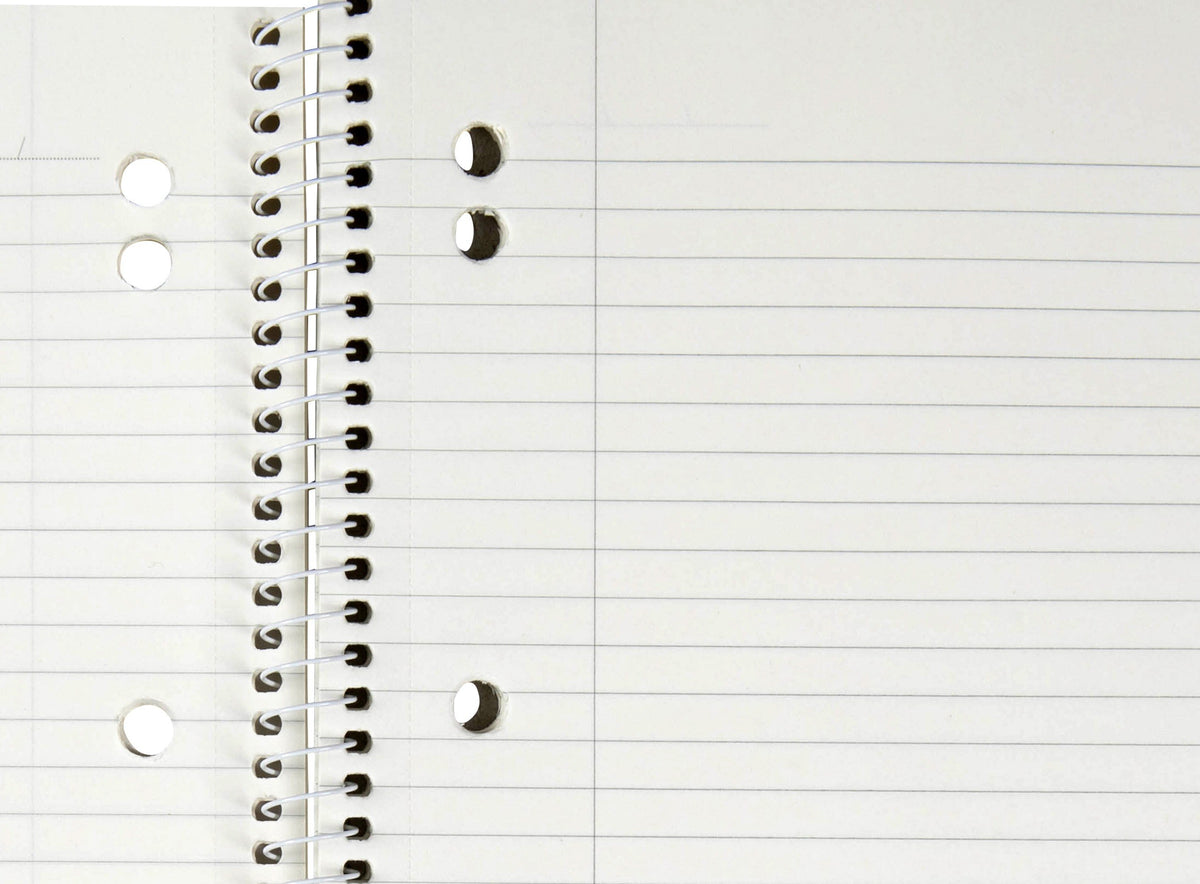 Close-up of Spirax 814 pages beside the spiral, showing punched holes, ruled lines and a vertical margin line on the right hand page