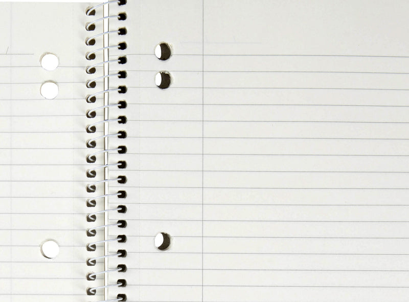 Close-up of Spirax 814 pages beside the spiral, showing punched holes, ruled lines and a vertical margin line on the right hand page