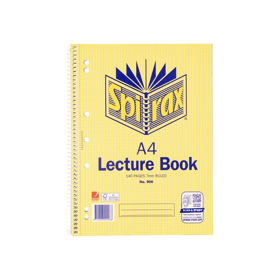 Current Spirax No. 906 A4 lecture book cover, 140 pages 7mm ruled, with a white spiral, punched holes and PERFORATED printed beside the spine