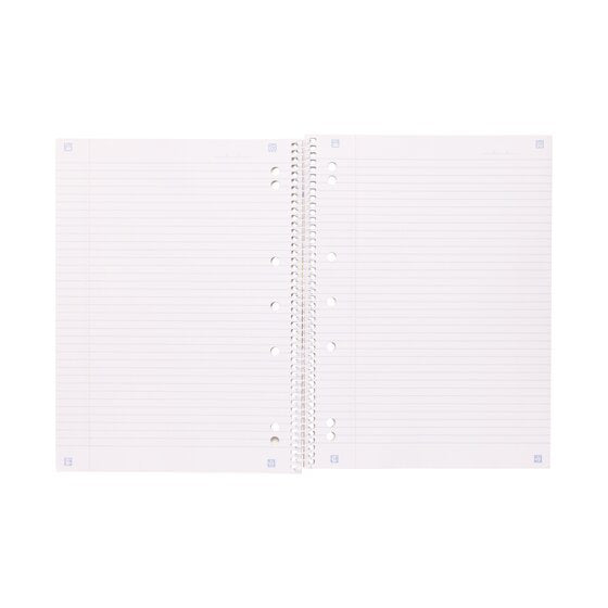 Spirax 906 lecture book open flat showing ruled pages with a red margin line and punched holes beside the spiral binding