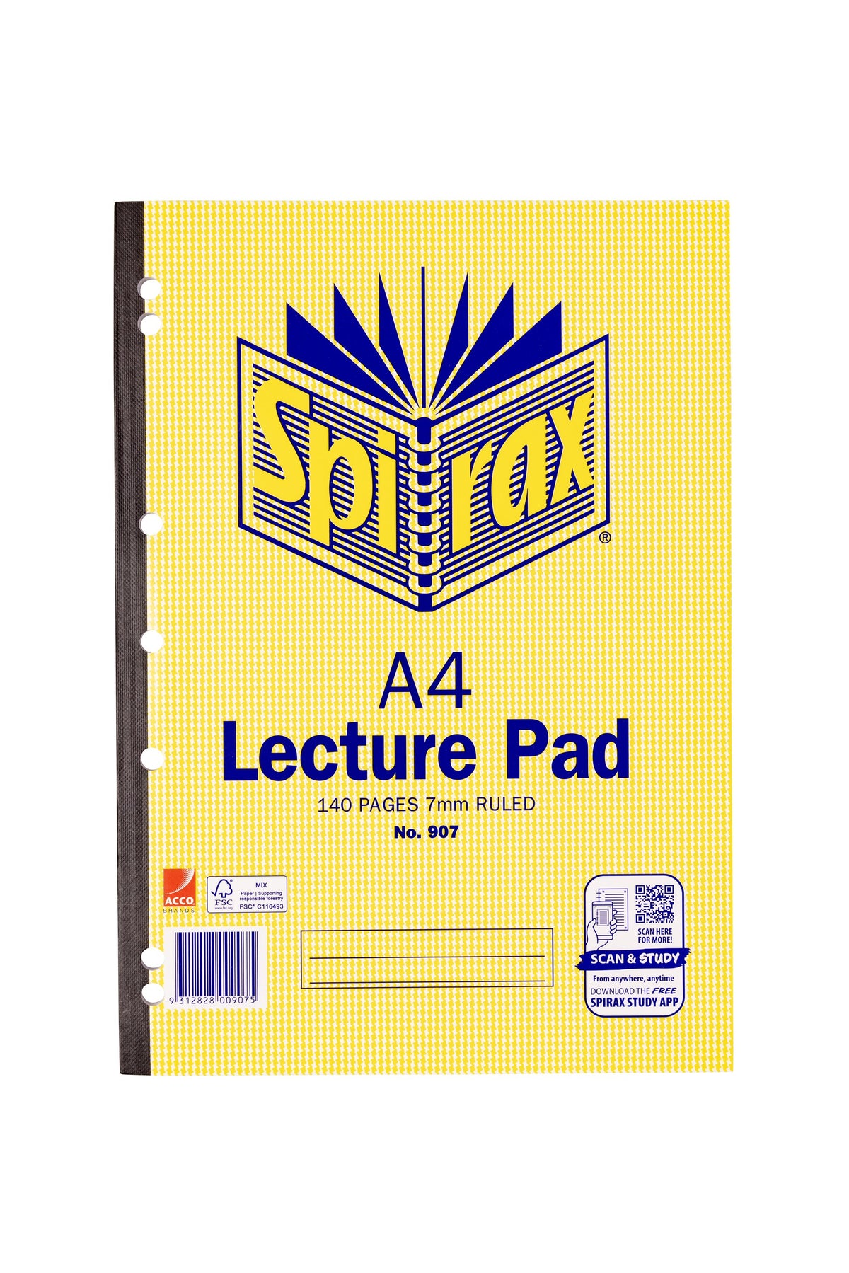 Front of the Spirax No. 907 A4 lecture pad with a black glued strip on the left edge, punched holes, 140 pages 7mm ruled, a barcode and a Scan and Study app panel