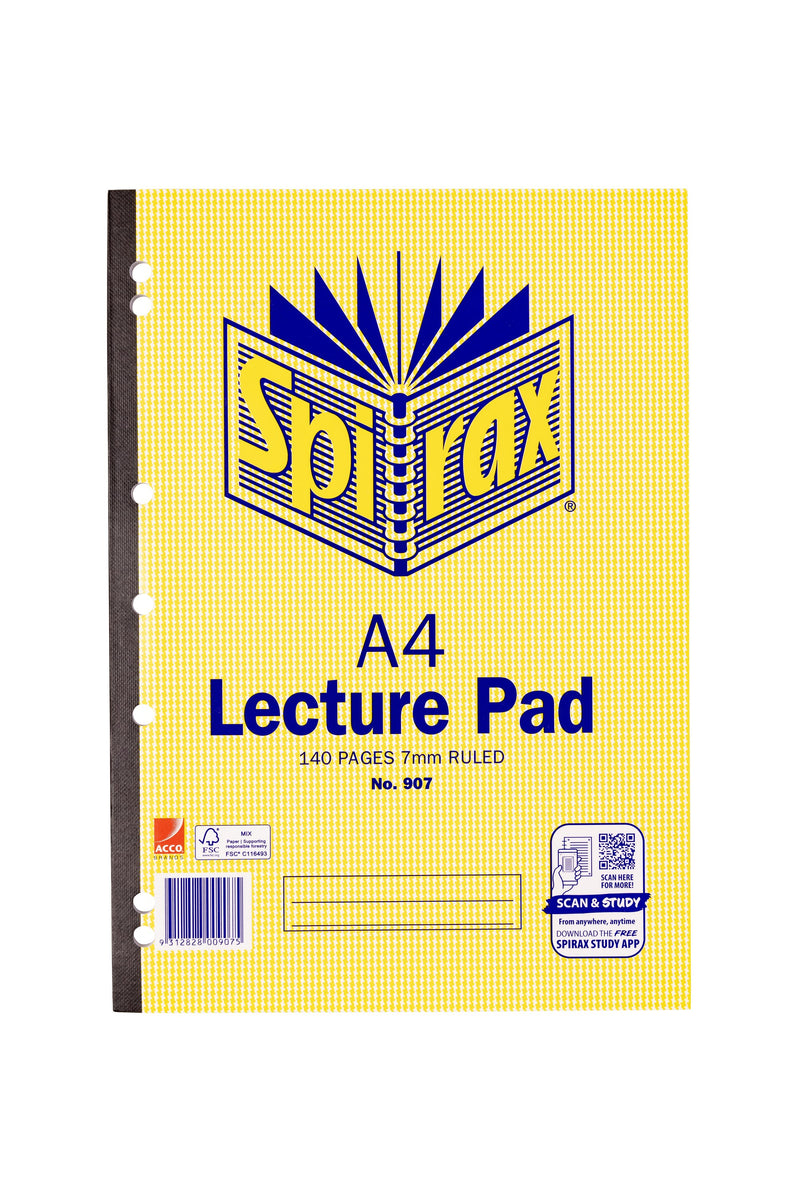 Front of the Spirax No. 907 A4 lecture pad with a black glued strip on the left edge, punched holes, 140 pages 7mm ruled, a barcode and a Scan and Study app panel