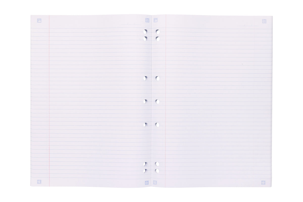 Two Spirax No. 907 lecture pad pages laid side by side, blue 7mm lines with a red margin on each page and punched holes running down the centre