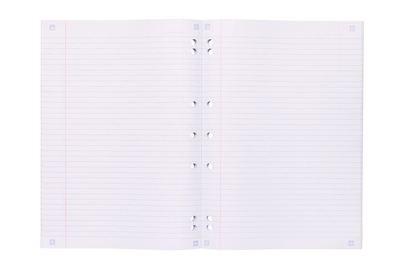 Two Spirax No. 907 lecture pad pages laid side by side, blue 7mm lines with a red margin on each page and punched holes running down the centre