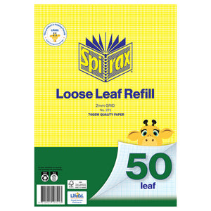 Spirax No. 271 loose leaf refill in the yellow check pack printed 2mm grid and 70gsm quality paper, with 50 leaf on a green band over a grid page corner