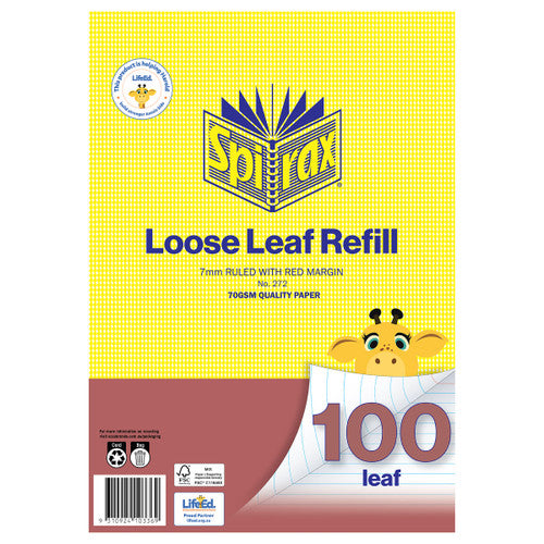 Spirax No. 272 loose leaf refill pack in yellow check, printed 7mm ruled with red margin and 70gsm quality paper, with 100 leaf on a red band