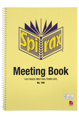 Spirax 705 A4 meeting book with a yellow check cover printed Meeting Book, 140 Pages Meeting Template and No. 705, with a single spiral binding down the left side