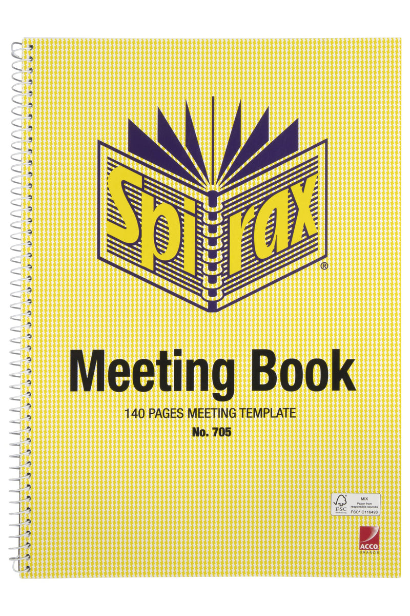 Spirax 705 A4 meeting book with a yellow check cover printed Meeting Book, 140 Pages Meeting Template and No. 705, with a single spiral binding down the left side