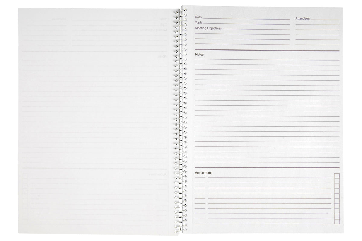 Spirax 705 meeting book opened to a template page with date, topic, objectives and attendees at the top, a ruled notes area and an action items list with tick boxes
