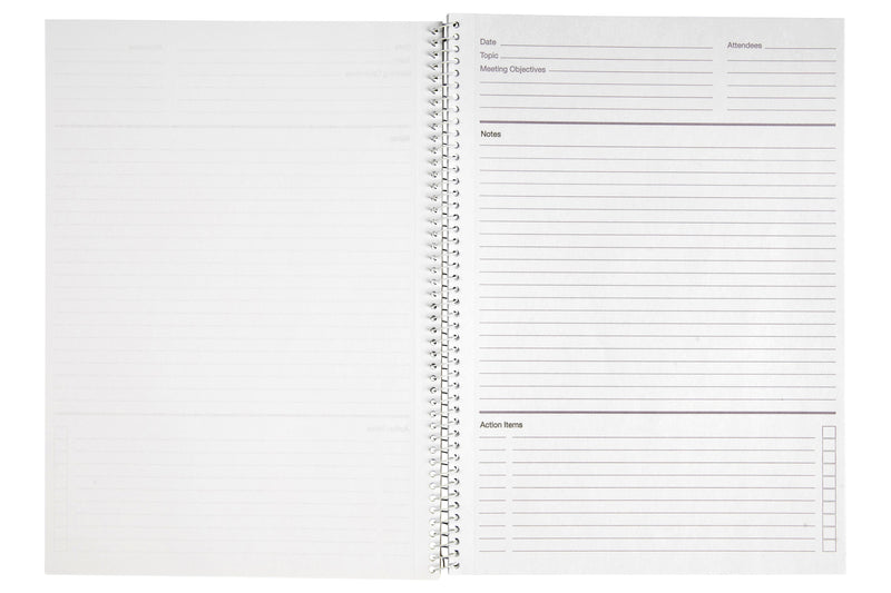 Spirax 705 meeting book opened to a template page with date, topic, objectives and attendees at the top, a ruled notes area and an action items list with tick boxes