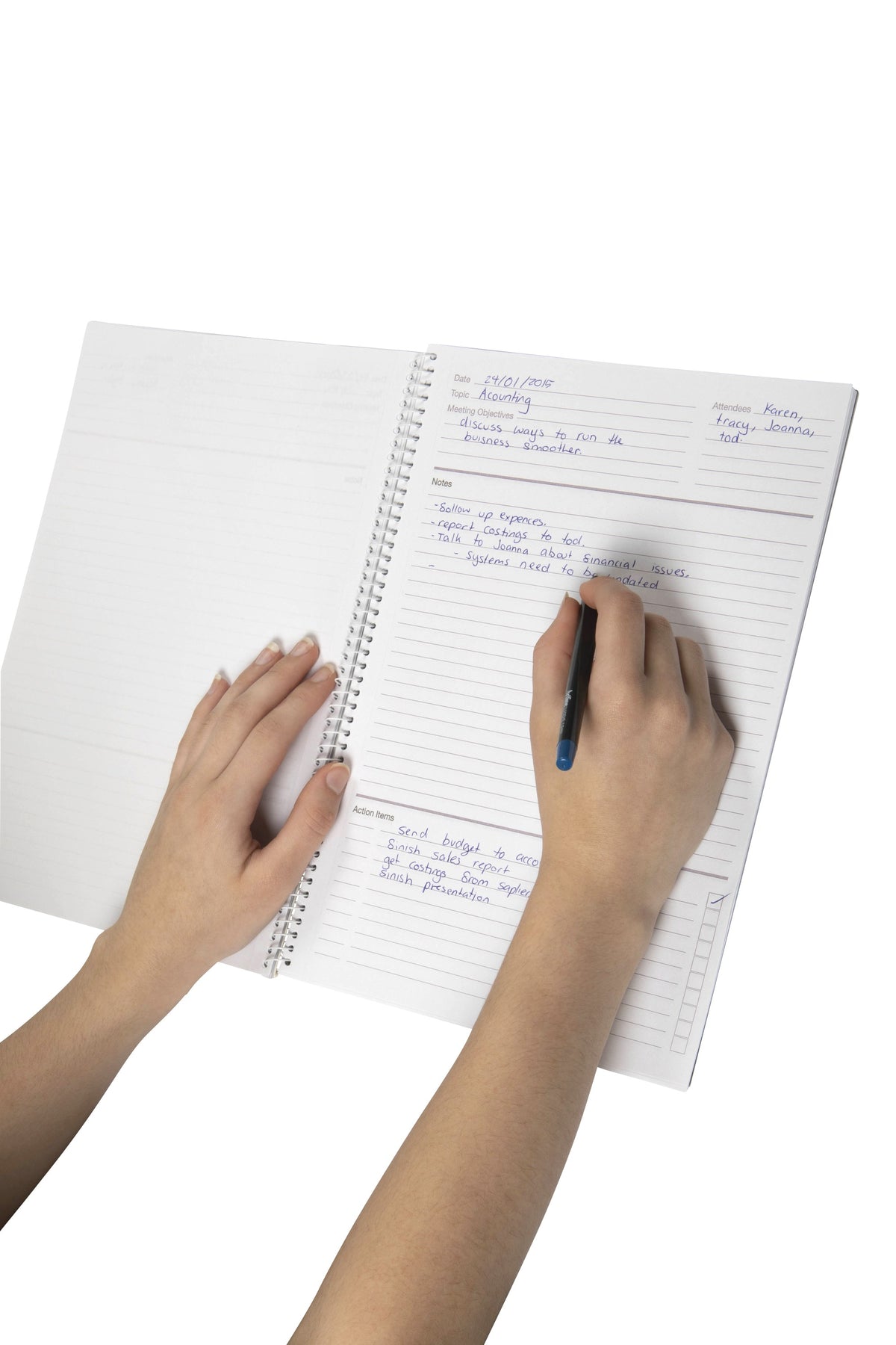 Hand writing meeting notes into the ruled notes section of a template page in an open Spirax 705 A4 meeting book, with action items below