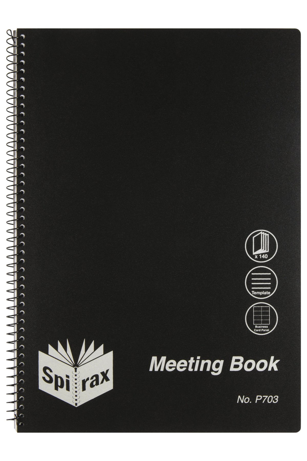 Spirax P703 A4 meeting book with a black polypropylene cover, twin wire binding on the left, three feature icons on the right and Meeting Book No. P703 printed lower right