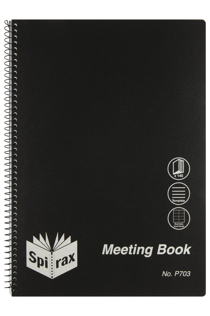 Spirax P703 A4 meeting book with a black polypropylene cover, twin wire binding on the left, three feature icons on the right and Meeting Book No. P703 printed lower right