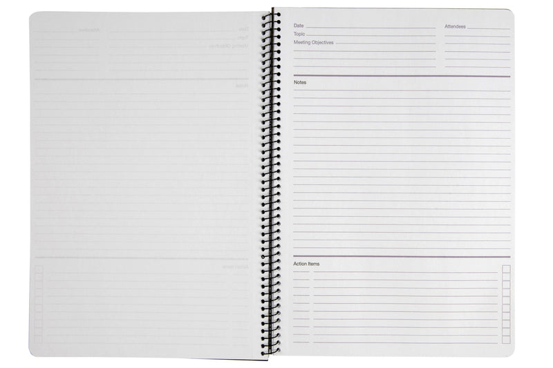 Open Spirax P703 meeting book showing a template page with date, topic, meeting objectives and attendees lines, a ruled notes area and action items with tick boxes