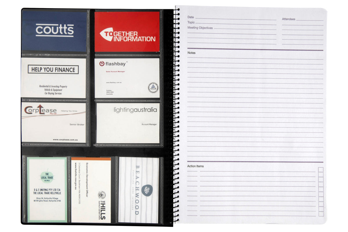 Business card holder pages inside the Spirax P703 meeting book filled with sample cards, facing a meeting template page with notes and action items sections
