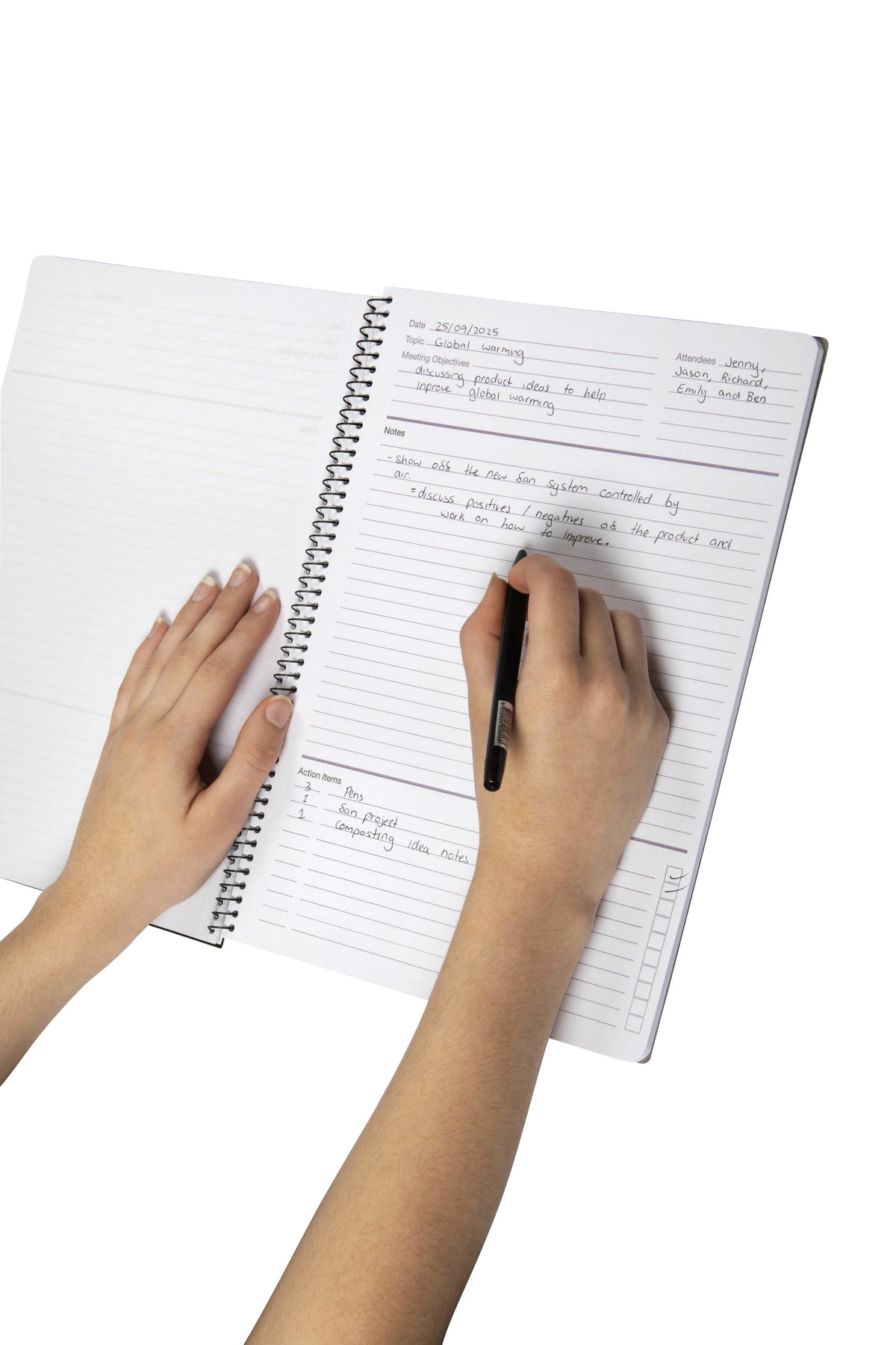 Hand filling in the date, attendees and notes sections of a meeting template page in an open Spirax P703 A4 meeting book