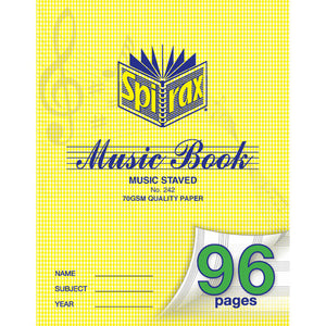 Spirax No. 242 Music Book cover in yellow check with treble clef background, printed music staved and 70gsm quality paper, 96 pages